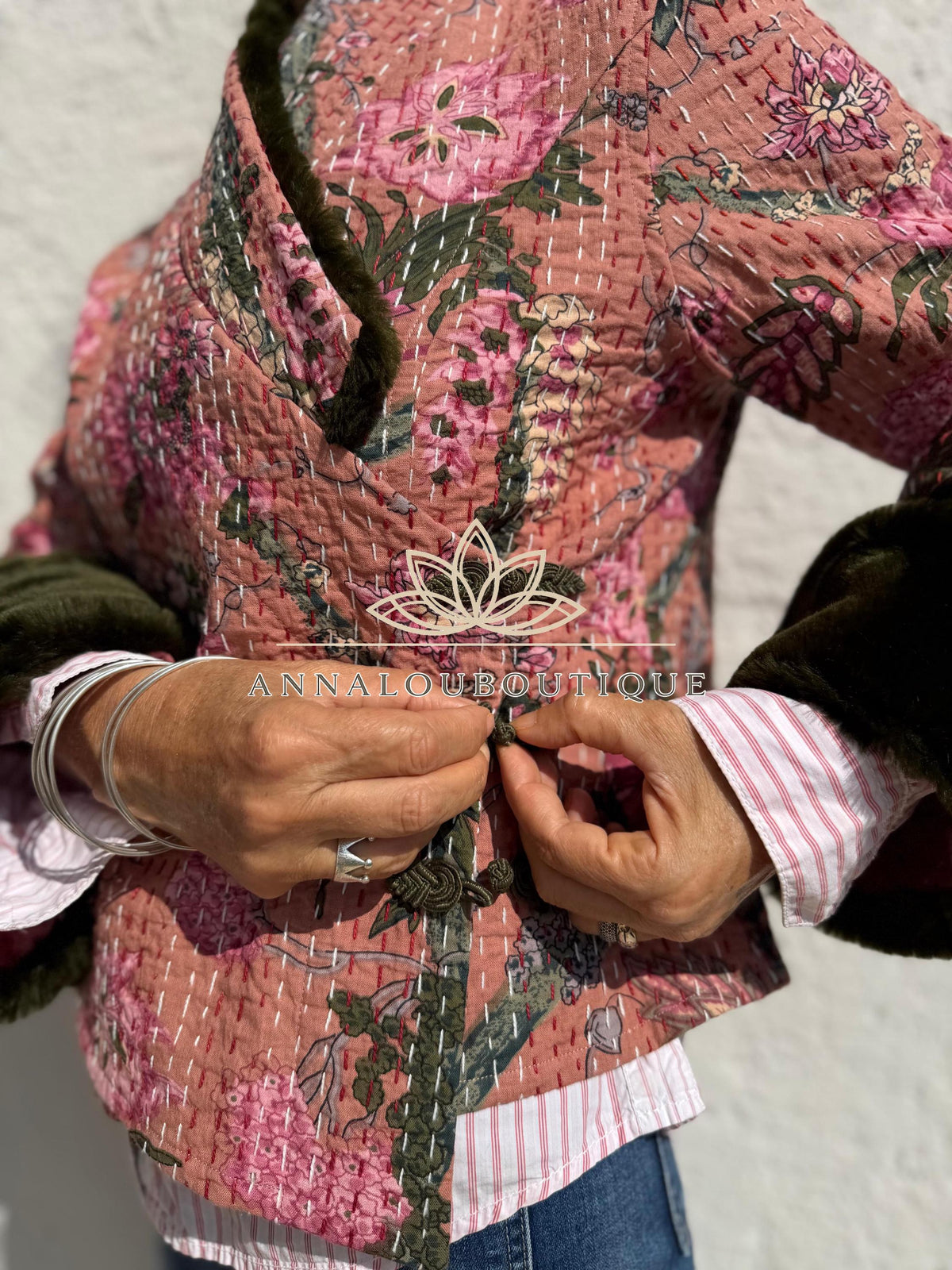 Dusty Pink Floral Cotton Wrap Jacket, Green Faux Fur Collar & Cuffs, Boho Chic Mid-Season Jacket, Hippie Style