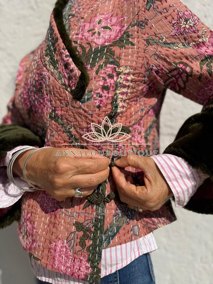 Dusty Pink Floral Cotton Wrap Jacket, Green Faux Fur Collar & Cuffs, Boho Chic Mid-Season Jacket, Hippie Style