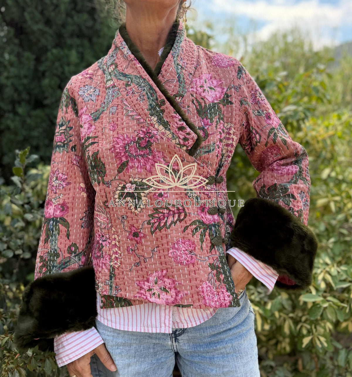 Dusty Pink Floral Cotton Wrap Jacket, Green Faux Fur Collar & Cuffs, Boho Chic Mid-Season Jacket, Hippie Style