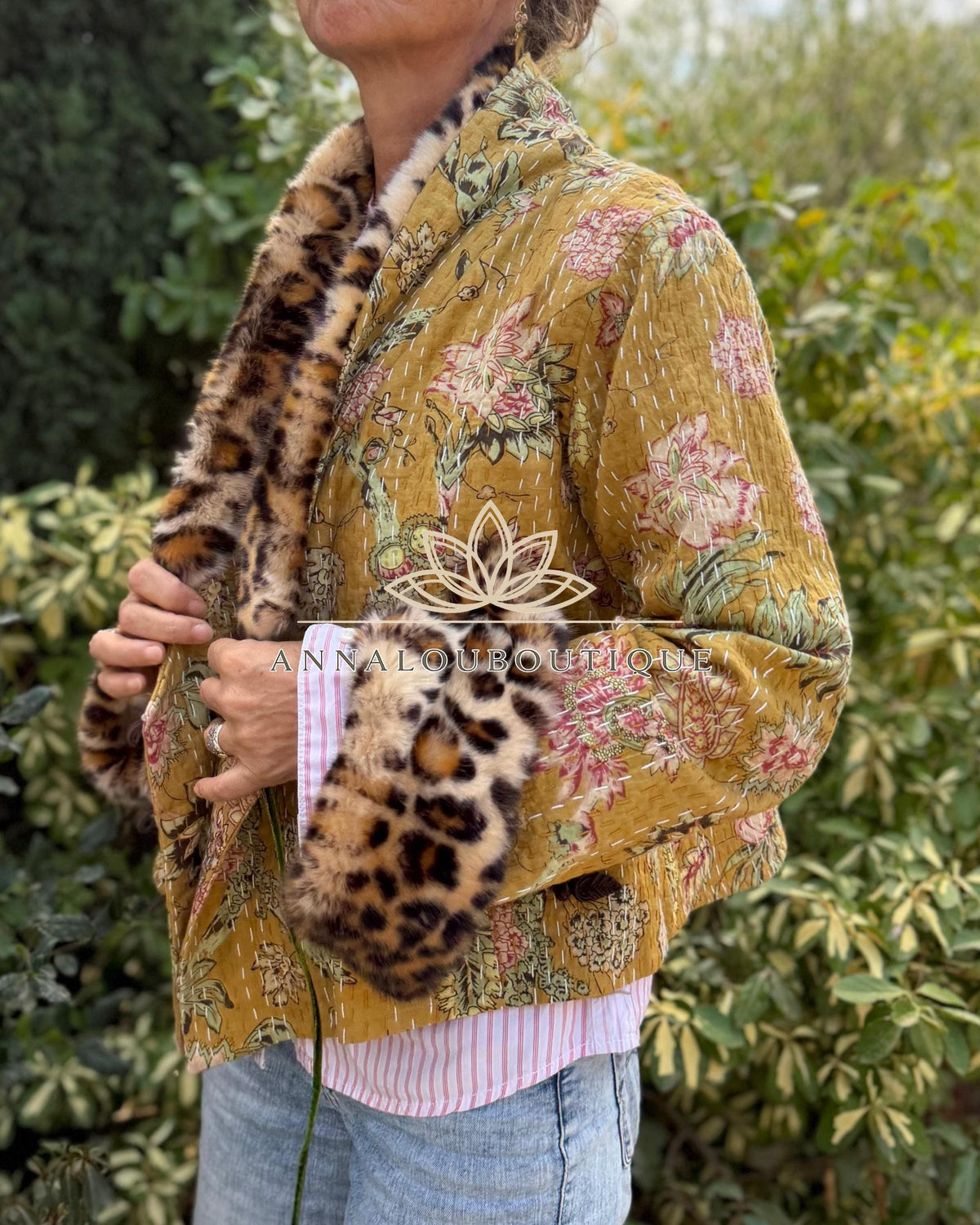Solar Yellow Floral Cotton Wrap Jacket, Leopard Faux Fur Collar & Cuffs, Boho Chic Mid-Season Jacket, Hippie Style