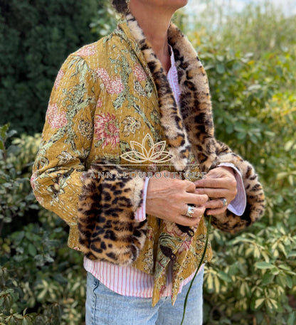 Solar Yellow Floral Cotton Wrap Jacket, Leopard Faux Fur Collar & Cuffs, Boho Chic Mid-Season Jacket, Hippie Style