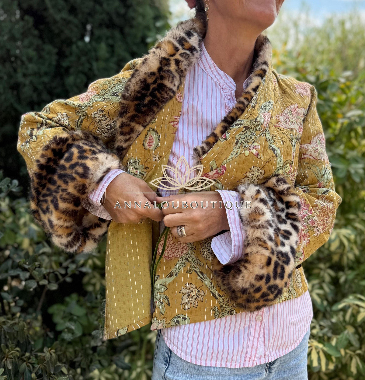 Solar Yellow Floral Cotton Wrap Jacket, Leopard Faux Fur Collar & Cuffs, Boho Chic Mid-Season Jacket, Hippie Style