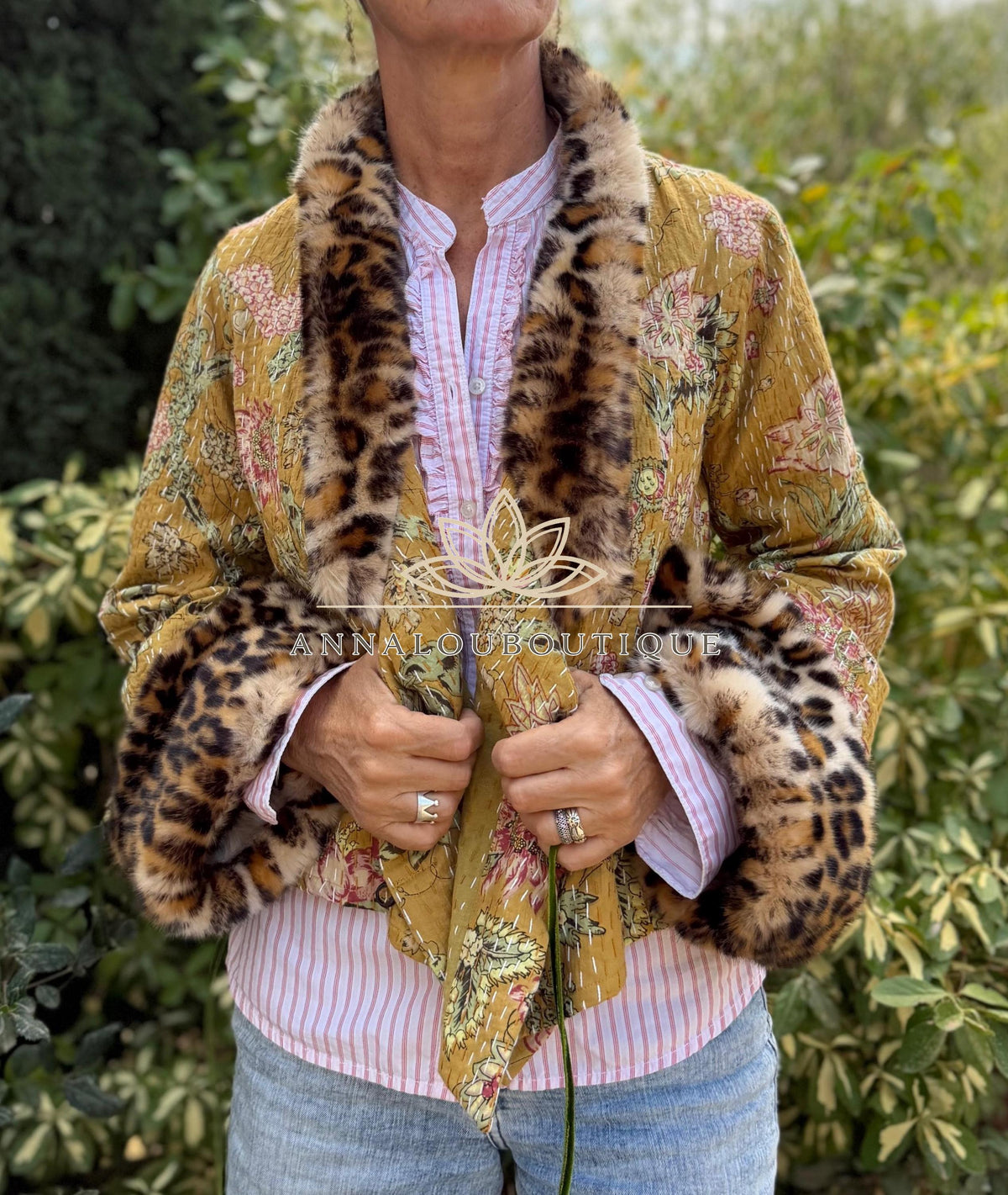 Solar Yellow Floral Cotton Wrap Jacket, Leopard Faux Fur Collar & Cuffs, Boho Chic Mid-Season Jacket, Hippie Style