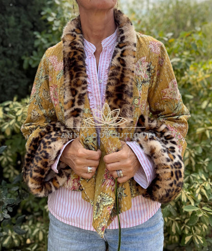 Solar Yellow Floral Cotton Wrap Jacket, Leopard Faux Fur Collar & Cuffs, Boho Chic Mid-Season Jacket, Hippie Style