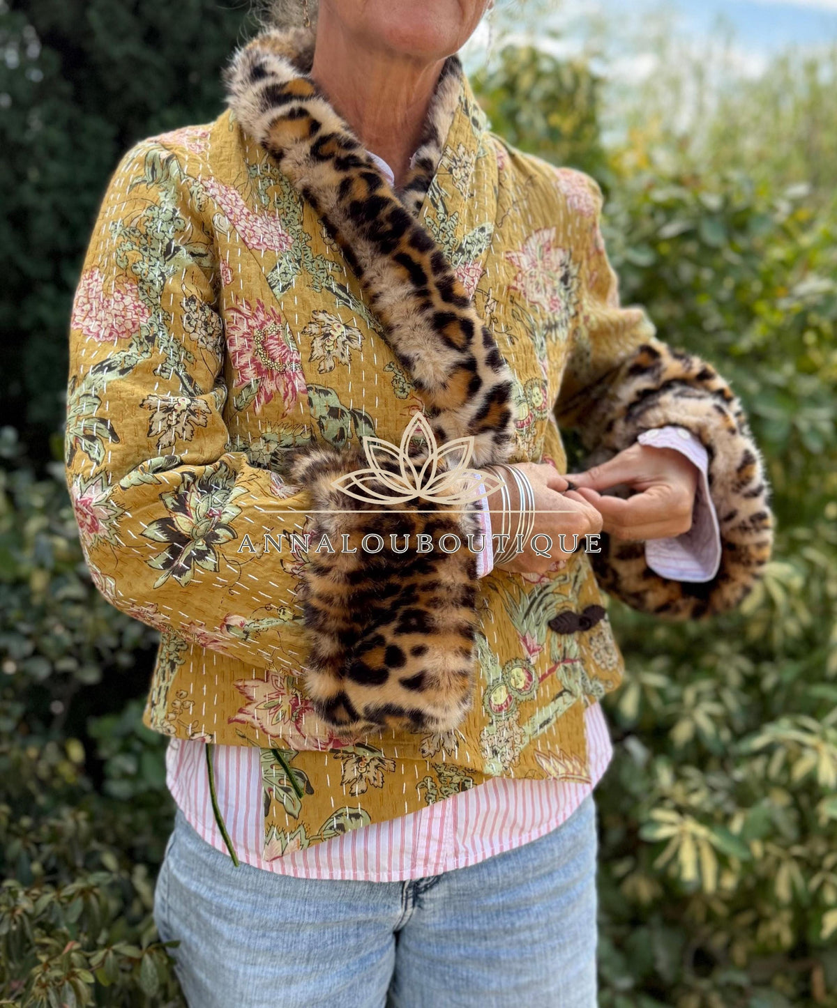 Solar Yellow Floral Cotton Wrap Jacket, Leopard Faux Fur Collar & Cuffs, Boho Chic Mid-Season Jacket, Hippie Style