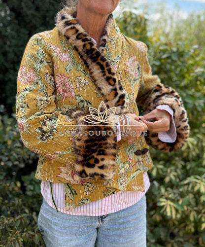 Solar Yellow Floral Cotton Wrap Jacket, Leopard Faux Fur Collar & Cuffs, Boho Chic Mid-Season Jacket, Hippie Style