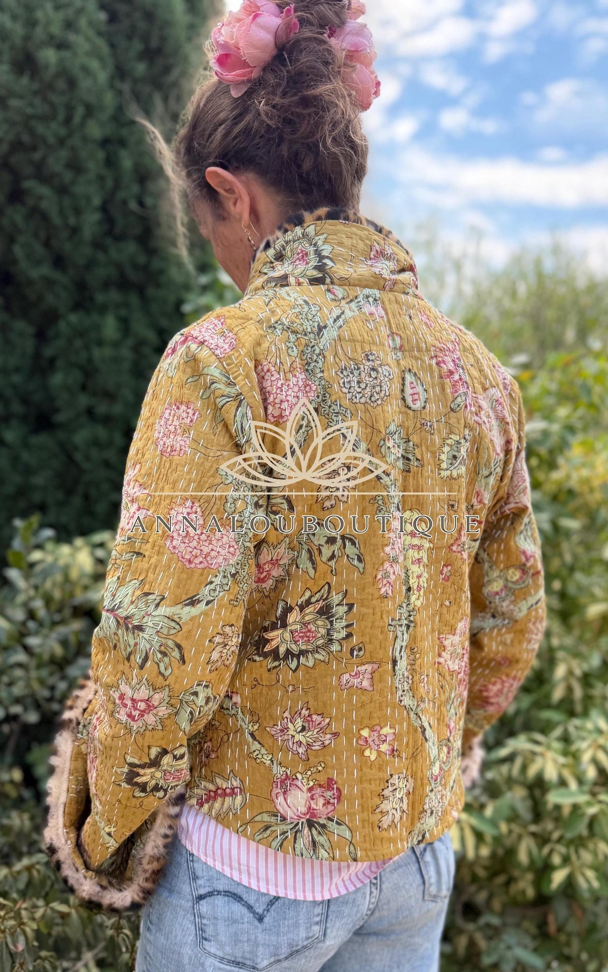 Solar Yellow Floral Cotton Wrap Jacket, Leopard Faux Fur Collar & Cuffs, Boho Chic Mid-Season Jacket, Hippie Style