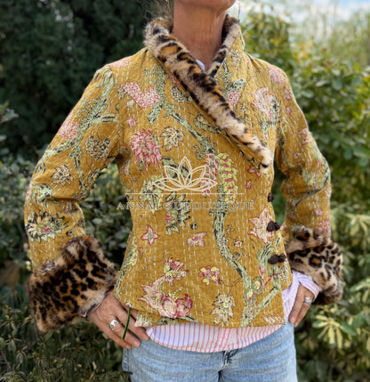 Solar Yellow Floral Cotton Wrap Jacket, Leopard Faux Fur Collar & Cuffs, Boho Chic Mid-Season Jacket, Hippie Style