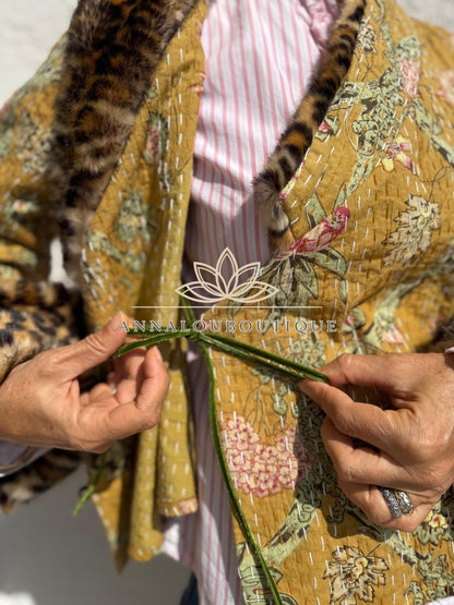 Solar Yellow Floral Cotton Wrap Jacket, Leopard Faux Fur Collar & Cuffs, Boho Chic Mid-Season Jacket, Hippie Style