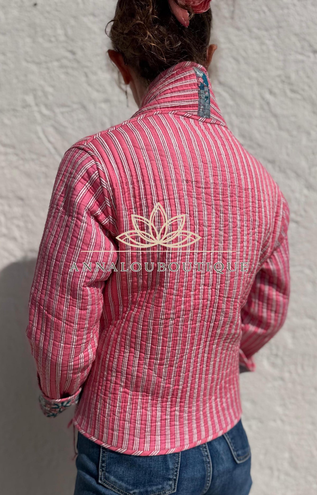 Grey & Pink Reversible Quilted Cotton Jacket, Boho Chic Wrap Jacket, Striped Ties, Flared Sleeves, Handmade Winter Coat