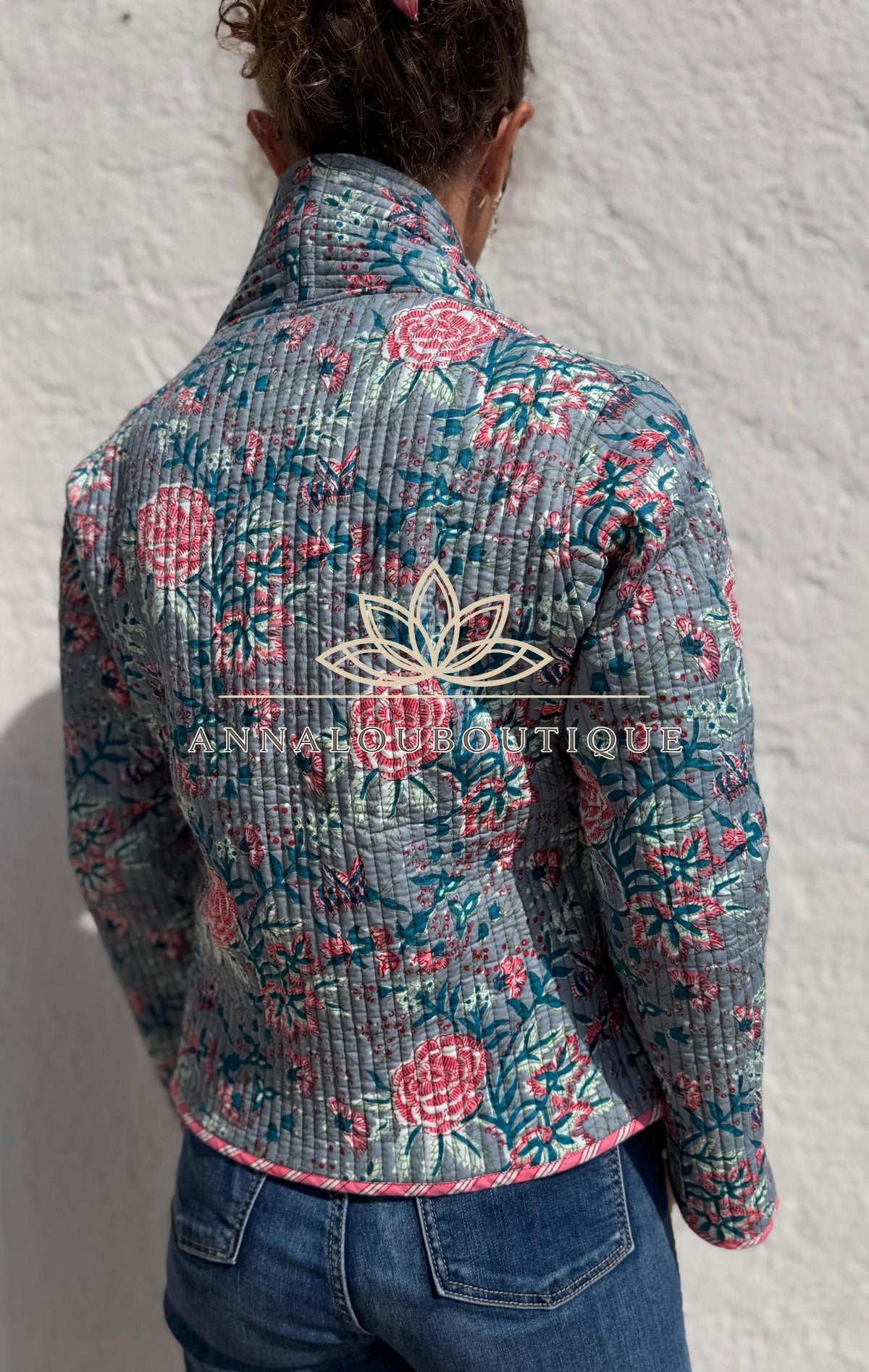 Grey & Pink Reversible Quilted Cotton Jacket, Boho Chic Wrap Jacket, Striped Ties, Flared Sleeves, Handmade Winter Coat