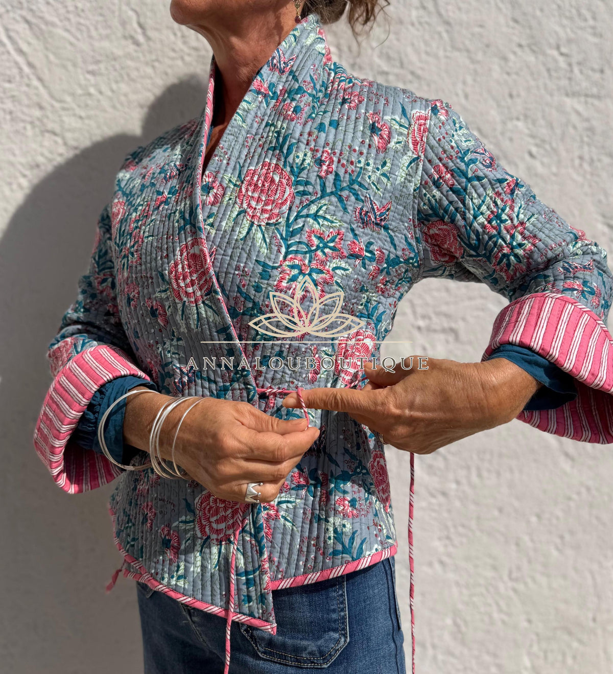 Grey & Pink Reversible Quilted Cotton Jacket, Boho Chic Wrap Jacket, Striped Ties, Flared Sleeves, Handmade Winter Coat