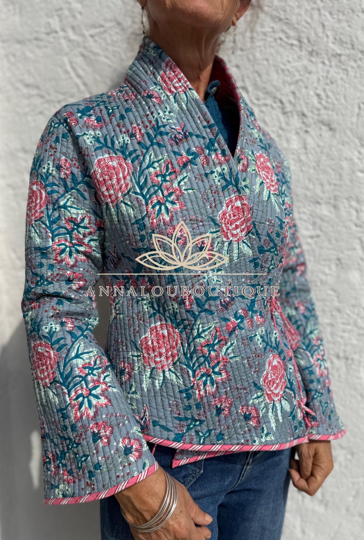 Grey & Pink Reversible Quilted Cotton Jacket, Boho Chic Wrap Jacket, Striped Ties, Flared Sleeves, Handmade Winter Coat