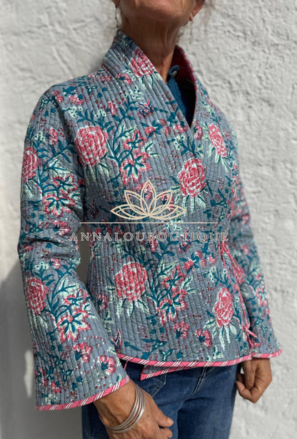 Grey & Pink Reversible Quilted Cotton Jacket, Boho Chic Wrap Jacket, Striped Ties, Flared Sleeves, Handmade Winter Coat
