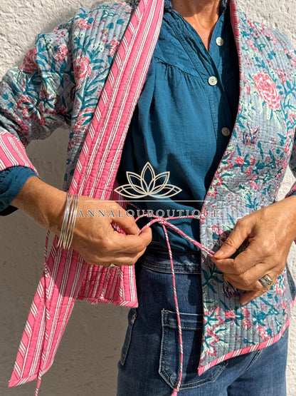 Grey & Pink Reversible Quilted Cotton Jacket, Boho Chic Wrap Jacket, Striped Ties, Flared Sleeves, Handmade Winter Coat