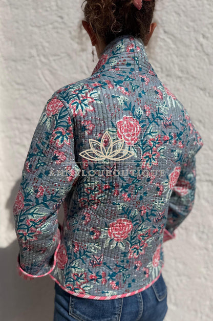 Grey & Pink Reversible Quilted Cotton Jacket, Boho Chic Wrap Jacket, Striped Ties, Flared Sleeves, Handmade Winter Coat