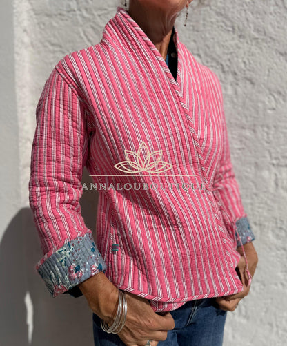 Grey & Pink Reversible Quilted Cotton Jacket, Boho Chic Wrap Jacket, Striped Ties, Flared Sleeves, Handmade Winter Coat