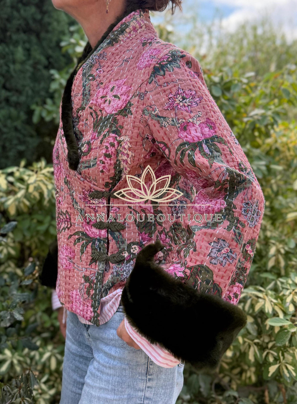 Dusty Pink Floral Cotton Wrap Jacket, Green Faux Fur Collar & Cuffs, Boho Chic Mid-Season Jacket, Hippie Style
