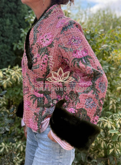 Dusty Pink Floral Cotton Wrap Jacket, Green Faux Fur Collar & Cuffs, Boho Chic Mid-Season Jacket, Hippie Style