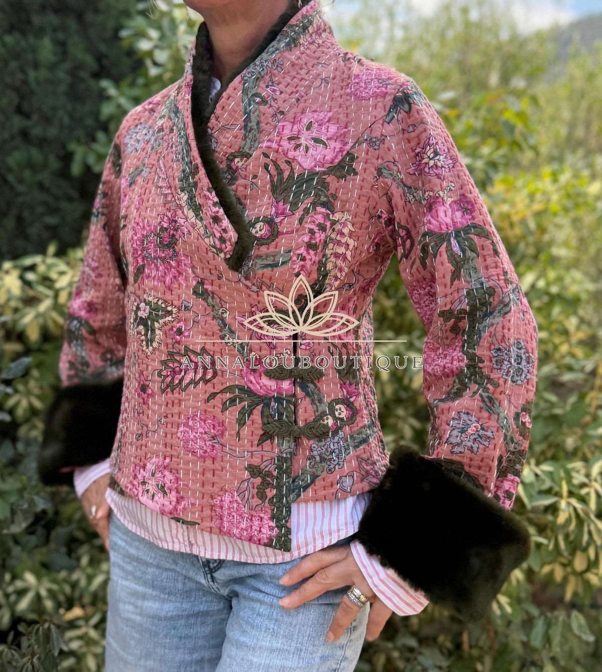Dusty Pink Floral Cotton Wrap Jacket, Green Faux Fur Collar & Cuffs, Boho Chic Mid-Season Jacket, Hippie Style