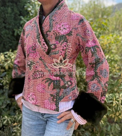 Dusty Pink Floral Cotton Wrap Jacket, Green Faux Fur Collar & Cuffs, Boho Chic Mid-Season Jacket, Hippie Style