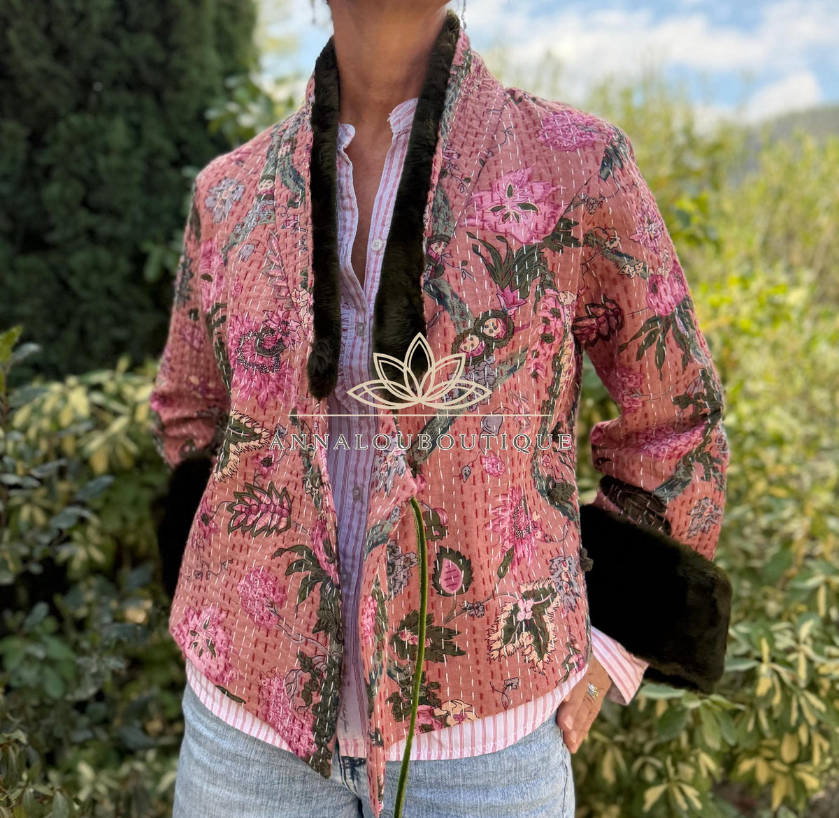 Dusty Pink Floral Cotton Wrap Jacket, Green Faux Fur Collar & Cuffs, Boho Chic Mid-Season Jacket, Hippie Style