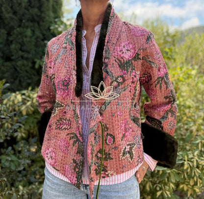 Dusty Pink Floral Cotton Wrap Jacket, Green Faux Fur Collar & Cuffs, Boho Chic Mid-Season Jacket, Hippie Style