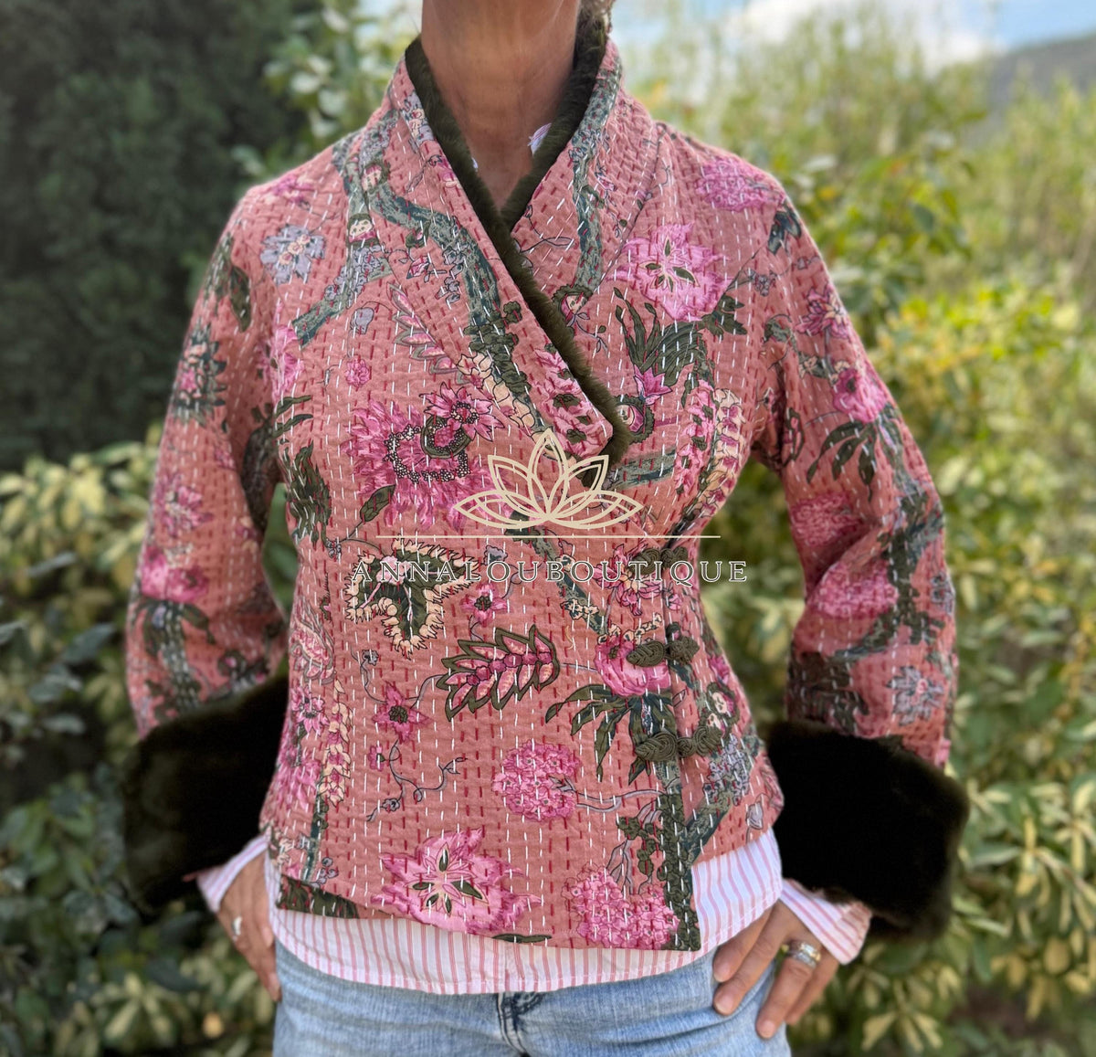 Dusty Pink Floral Cotton Wrap Jacket, Green Faux Fur Collar & Cuffs, Boho Chic Mid-Season Jacket, Hippie Style