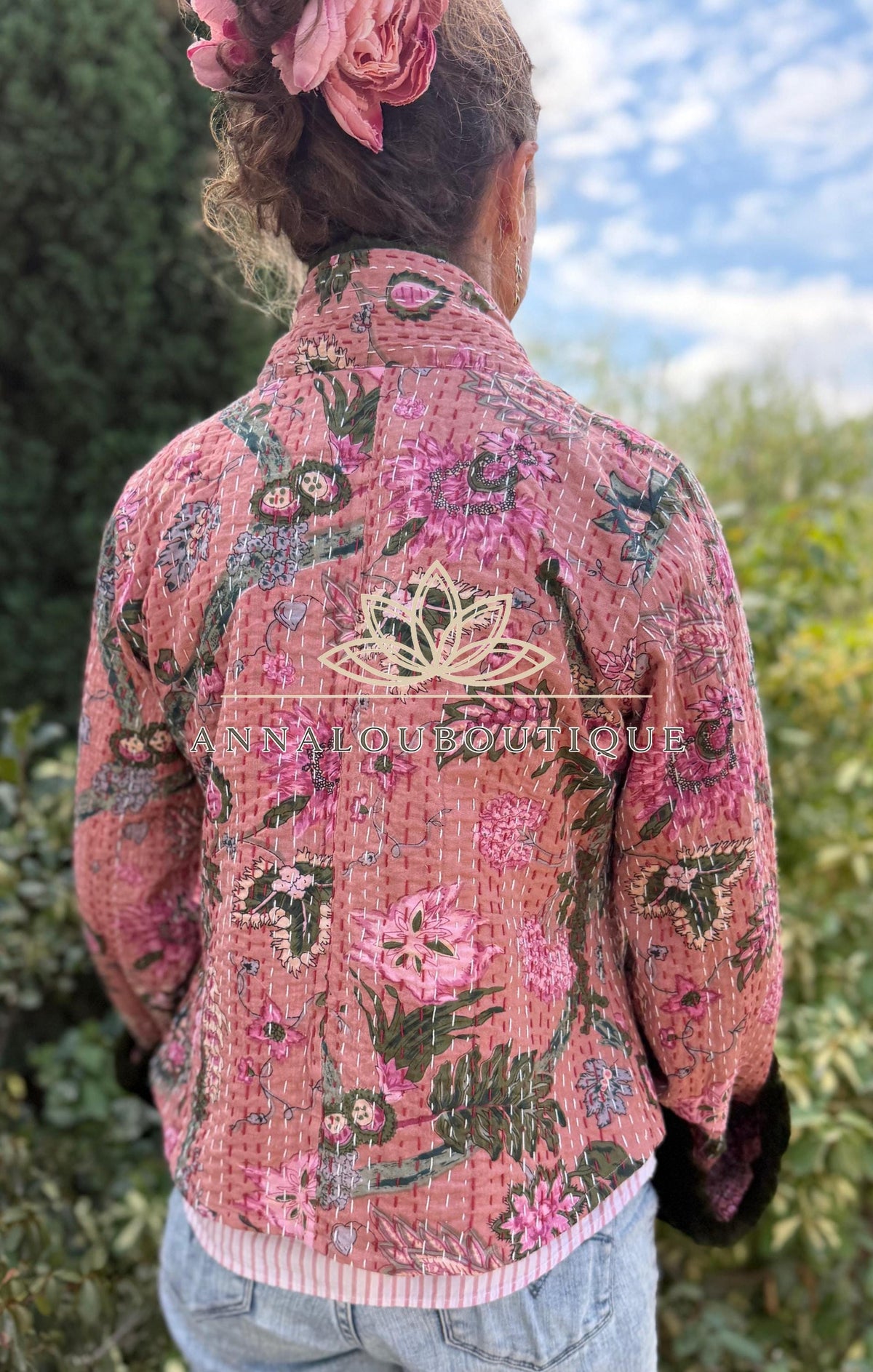 Dusty Pink Floral Cotton Wrap Jacket, Green Faux Fur Collar & Cuffs, Boho Chic Mid-Season Jacket, Hippie Style