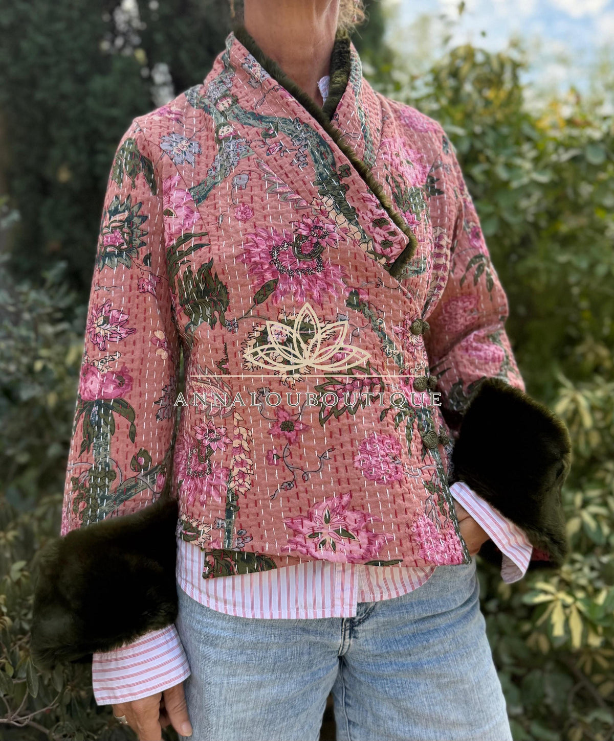 Dusty Pink Floral Cotton Wrap Jacket, Green Faux Fur Collar & Cuffs, Boho Chic Mid-Season Jacket, Hippie Style