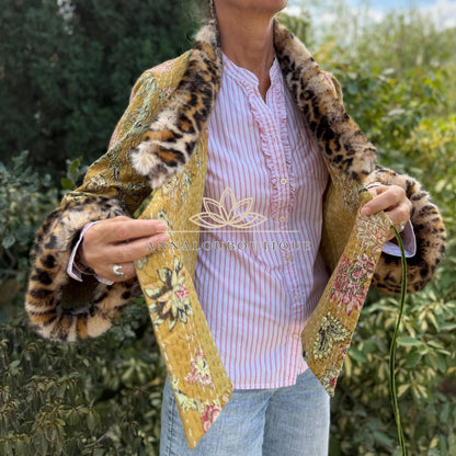 Solar Yellow Floral Cotton Wrap Jacket, Leopard Faux Fur Collar & Cuffs, Boho Chic Mid-Season Jacket, Hippie Style