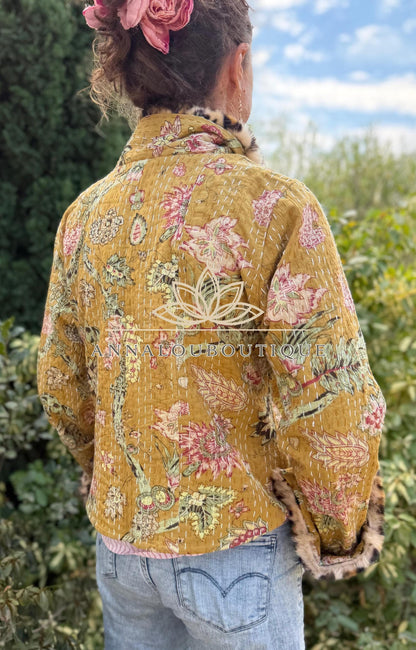 Solar Yellow Floral Cotton Wrap Jacket, Leopard Faux Fur Collar & Cuffs, Boho Chic Mid-Season Jacket, Hippie Style