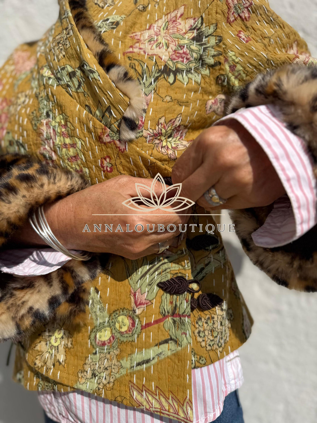 Solar Yellow Floral Cotton Wrap Jacket, Leopard Faux Fur Collar & Cuffs, Boho Chic Mid-Season Jacket, Hippie Style