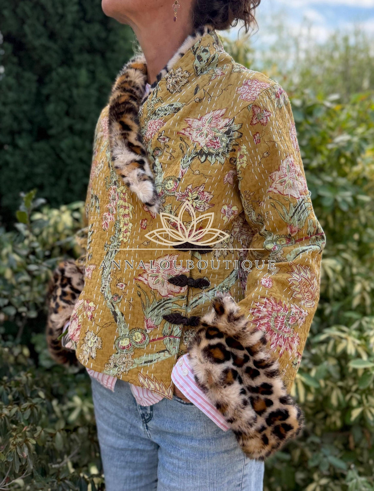 Solar Yellow Floral Cotton Wrap Jacket, Leopard Faux Fur Collar & Cuffs, Boho Chic Mid-Season Jacket, Hippie Style