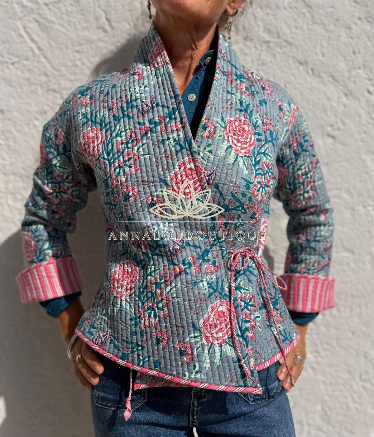 Grey & Pink Reversible Quilted Cotton Jacket, Boho Chic Wrap Jacket, Striped Ties, Flared Sleeves, Handmade Winter Coat