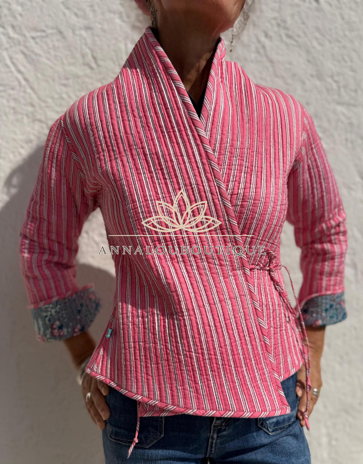 Grey & Pink Reversible Quilted Cotton Jacket, Boho Chic Wrap Jacket, Striped Ties, Flared Sleeves, Handmade Winter Coat