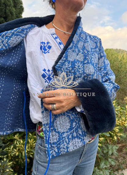 Navy Blue Floral Cotton Wrap Jacket, Faux Fur Collar & Cuffs, Boho Chic Handmade Jacket, Limited Edition