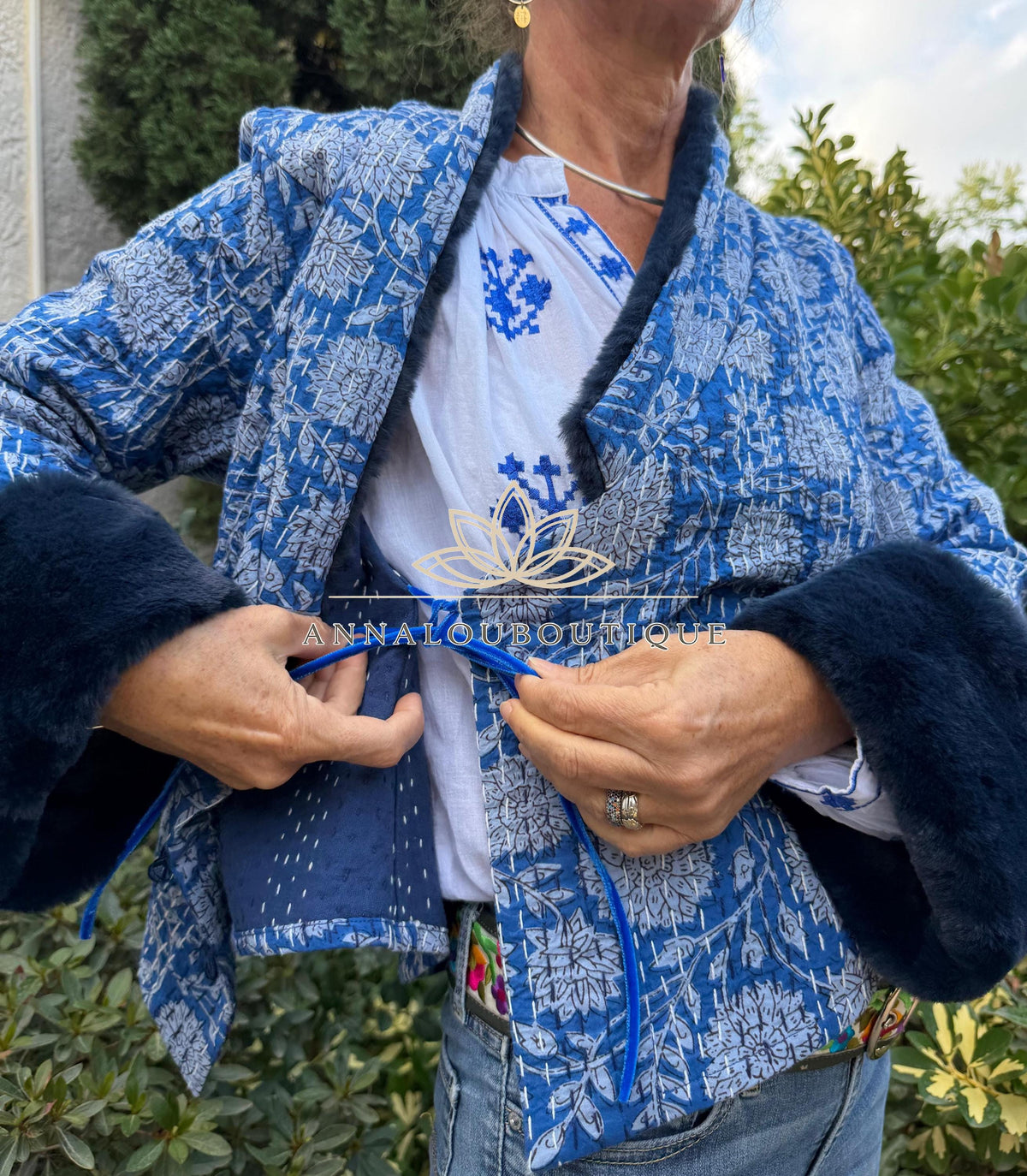 Navy Blue Floral Cotton Wrap Jacket, Faux Fur Collar & Cuffs, Boho Chic Handmade Jacket, Limited Edition