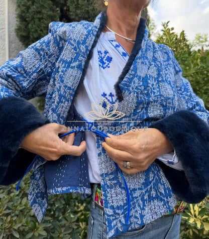 Navy Blue Floral Cotton Wrap Jacket, Faux Fur Collar & Cuffs, Boho Chic Handmade Jacket, Limited Edition