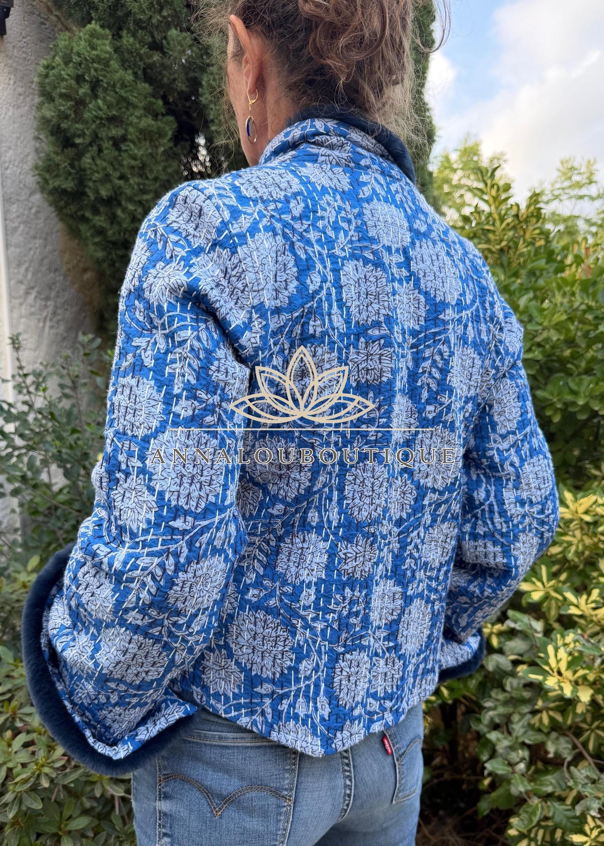 Navy Blue Floral Cotton Wrap Jacket, Faux Fur Collar & Cuffs, Boho Chic Handmade Jacket, Limited Edition
