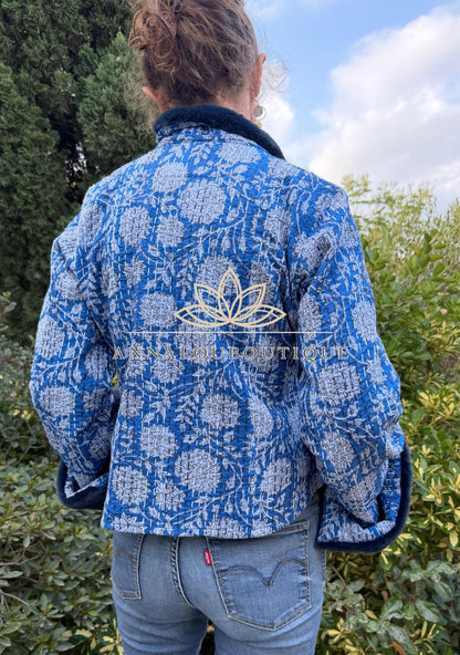 Navy Blue Floral Cotton Wrap Jacket, Faux Fur Collar & Cuffs, Boho Chic Handmade Jacket, Limited Edition
