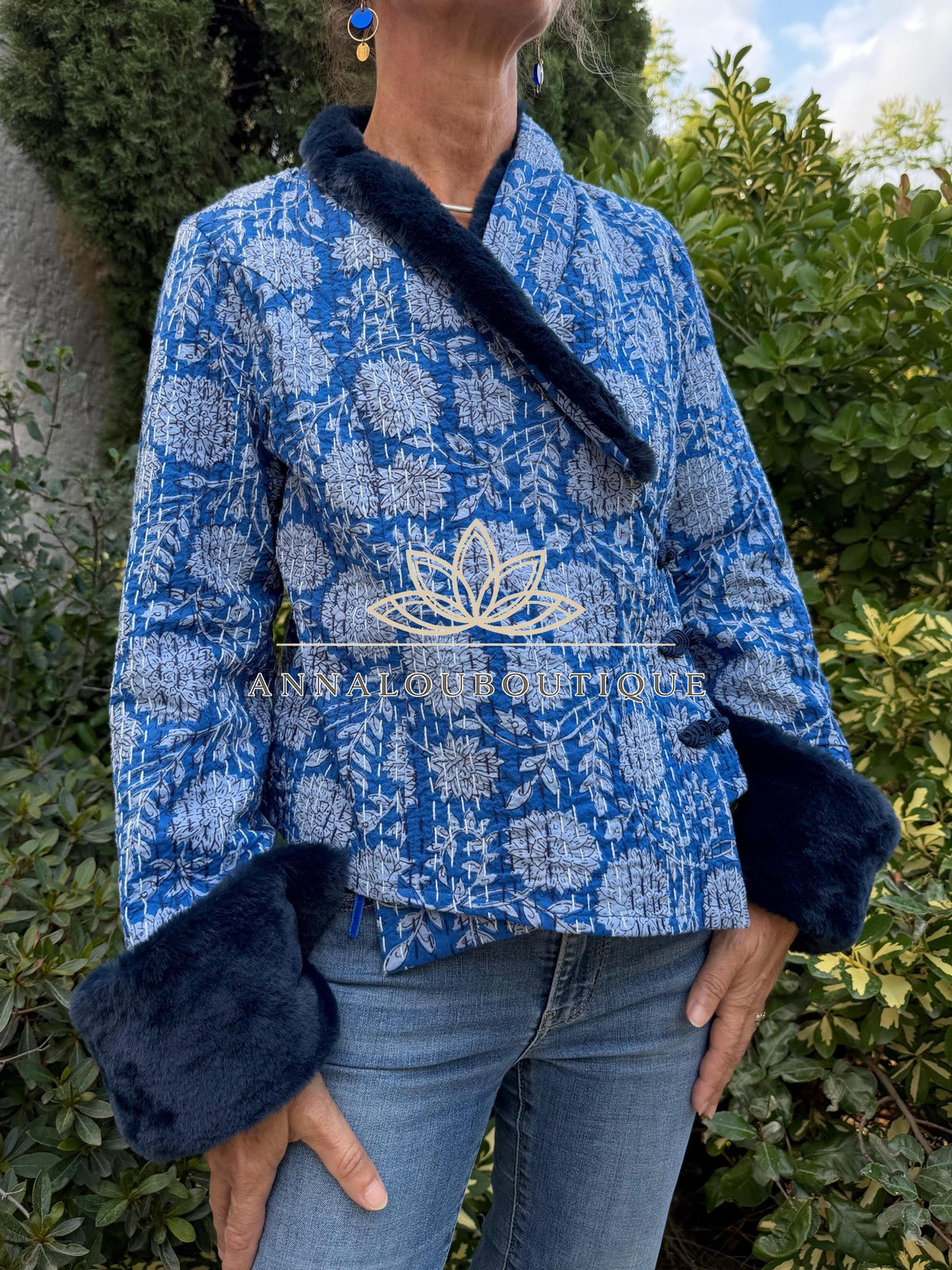 Navy Blue Floral Cotton Wrap Jacket, Faux Fur Collar & Cuffs, Boho Chic Handmade Jacket, Limited Edition