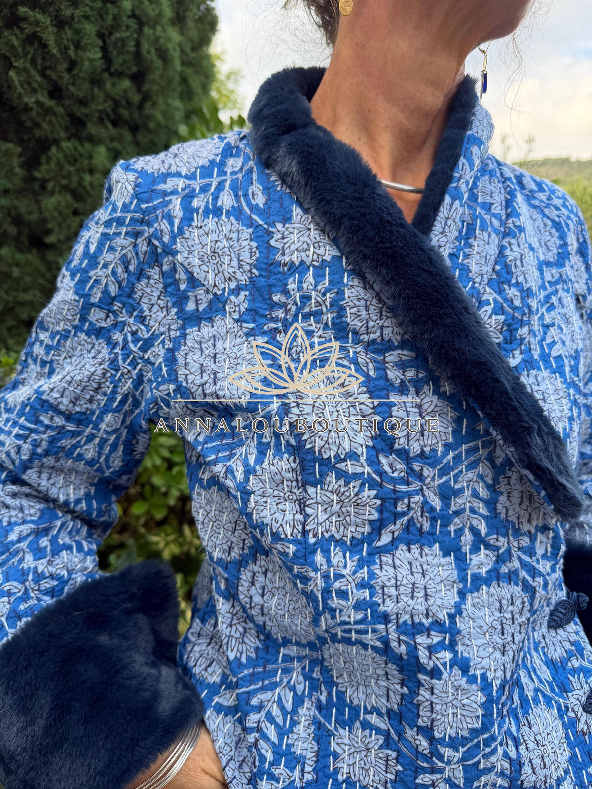 Navy Blue Floral Cotton Wrap Jacket, Faux Fur Collar & Cuffs, Boho Chic Handmade Jacket, Limited Edition