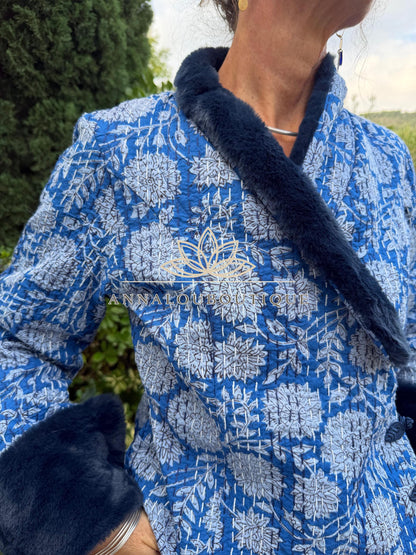 Navy Blue Floral Cotton Wrap Jacket, Faux Fur Collar & Cuffs, Boho Chic Handmade Jacket, Limited Edition
