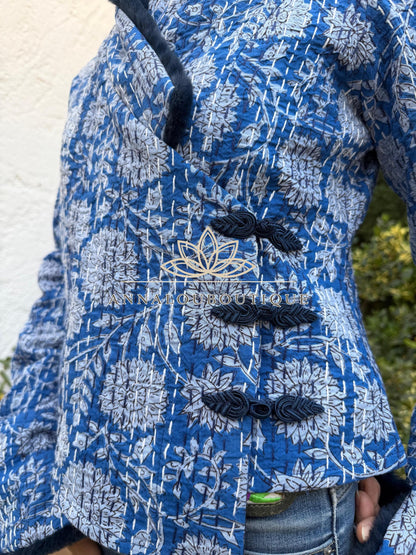 Navy Blue Floral Cotton Wrap Jacket, Faux Fur Collar & Cuffs, Boho Chic Handmade Jacket, Limited Edition