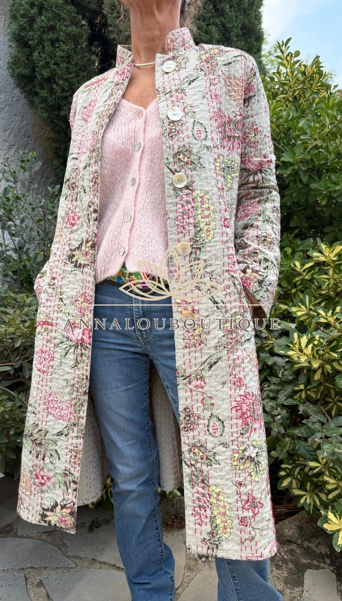 Beige & Pink Hydrangea Cotton Frock Coat, Long Floral Boho Chic Jacket, Elegant Mid-Season Coat, Handmade Limited Edition