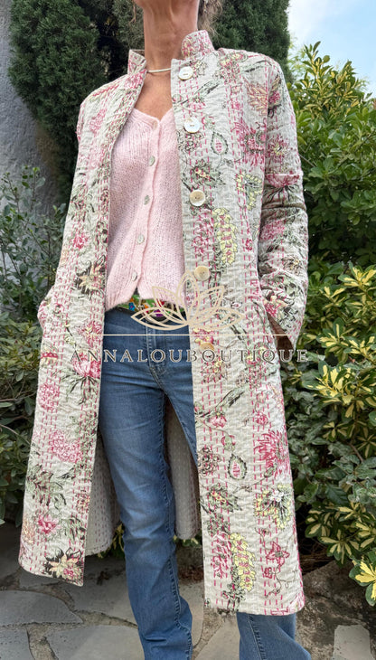 Beige & Pink Hydrangea Cotton Frock Coat, Long Floral Boho Chic Jacket, Elegant Mid-Season Coat, Handmade Limited Edition