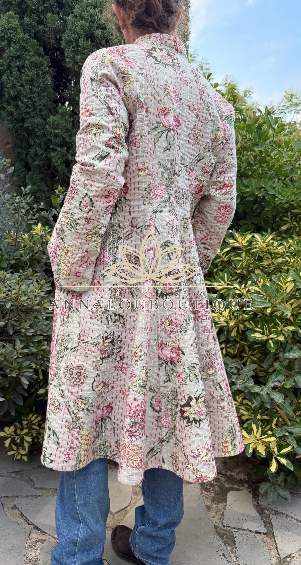 Beige & Pink Hydrangea Cotton Frock Coat, Long Floral Boho Chic Jacket, Elegant Mid-Season Coat, Handmade Limited Edition