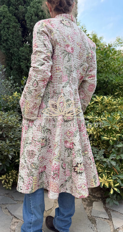 Beige & Pink Hydrangea Cotton Frock Coat, Long Floral Boho Chic Jacket, Elegant Mid-Season Coat, Handmade Limited Edition