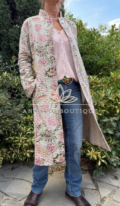 Beige & Pink Hydrangea Cotton Frock Coat, Long Floral Boho Chic Jacket, Elegant Mid-Season Coat, Handmade Limited Edition